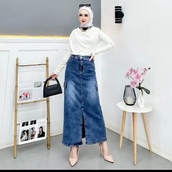 Rok Jeans Cargo Belah Depan Korean Style Melar Variasi Kantong Samping - Wanita Panjang 4