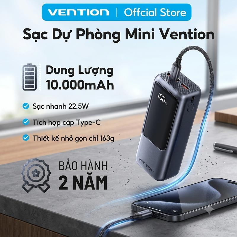 [Chuẩn 3C ]Sạc Dự Phòng Mini 10000mAh Vention 22.5W - 2 Cổng USB-C & USB-A Tích Hợp Dây Đeo Type C, Sạc Đồng Thời 2 Thiết Bị
