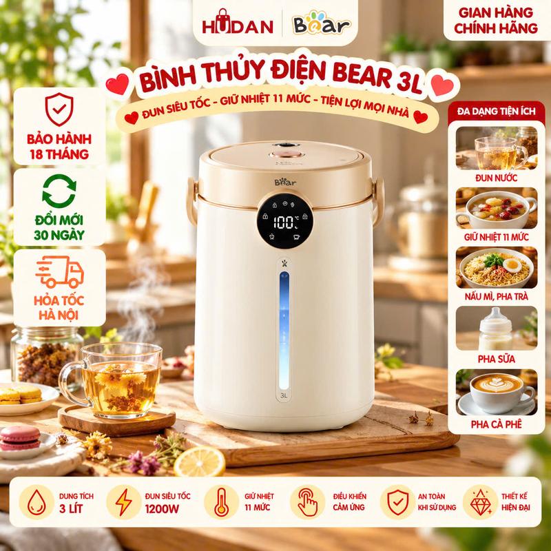 Bình thuỷ điện BEAR 3L EWB-5H30C60 Tiếng Anh Bình đun siêu tốc, 11 Mức Giữ Ấm, Khử Clo An Toàn Sức Khoẻ