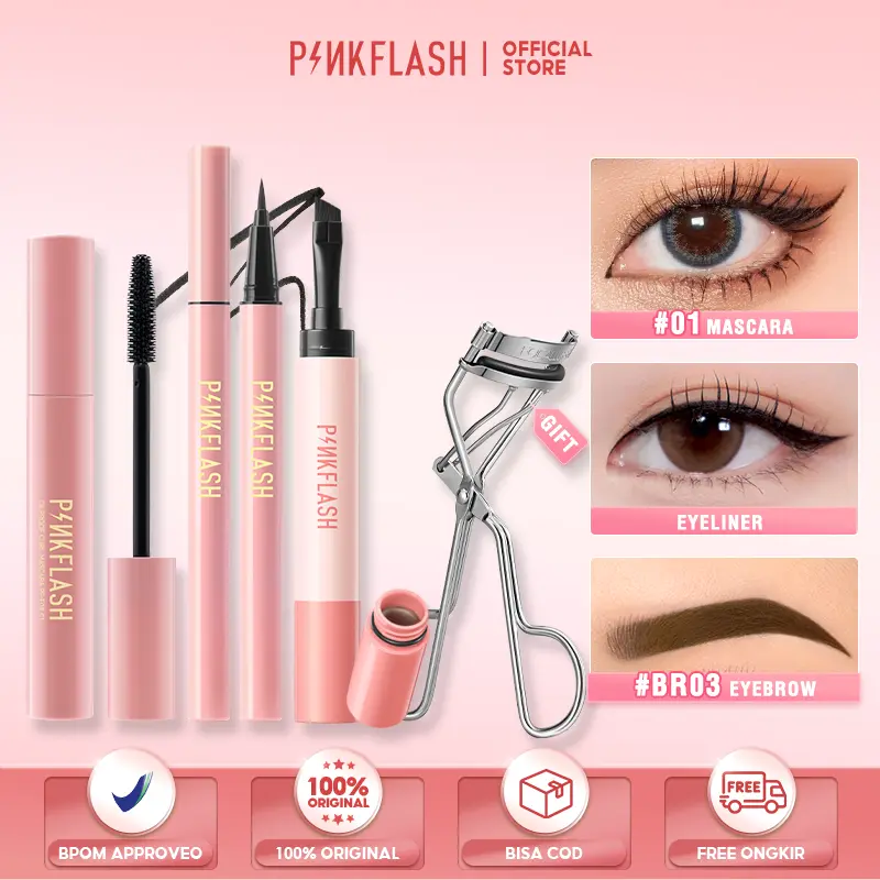 PINKFLASH Eyes Makeup Set Lengthen Mascara + Tahan air Eyeliner + 1mm Micro Fine Eyebrow