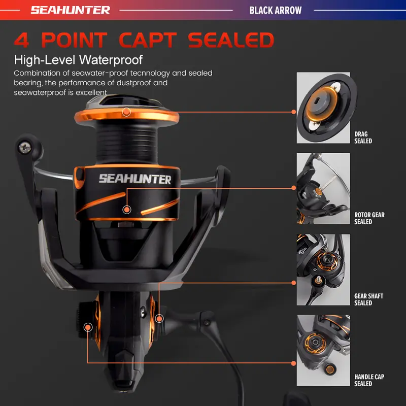 SEASIR x SEAHUNTER BLACK ARROW 1000-3000 Reel Pancing Putar, Power Handle Reel Tahan Air Kumparan Dangkal Aluminium, Bantalan Bola 5+1, Rasio Gir 5.2:1, Tarikan Maksimal 13KG, Gir Utama Logam Tarikan Kuat Lebih Halus Berkualitas saltwater Laut 8