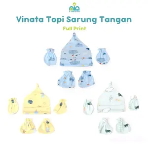 NIA TOPI BAYI SET VINATA TOPI SARUNG TANGAN KAKI UNISEX MOTIF FULL PRINT 0-3 BULAN Popok