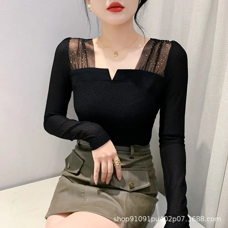 Live Shot-Áo Thun Nữ Dài Tay, Quần Áo Mới, Lưới Khâu, Kim Cương Giả In Hoa Hồng, Dáng Ôm, Giảm Béo Và Thời Trang, Áo Sơ Mi Nhỏ 5