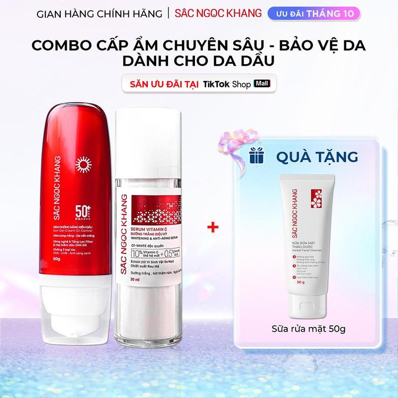 Combo Chống Nắng Dưỡng Ẩm Dành Cho Da Dầu: Kem Chống Nắng Kiềm Dầu SPF50+/PA++++ 50G & 1 Serum Vitamin C 30G Sắc Ngọc Khang - Hỗ Trợ Cấp Ẩm Dưỡng Sáng Da Cải Thiện Thâm, Nám, Sạm, Tàn Nhang Skincare Nữ