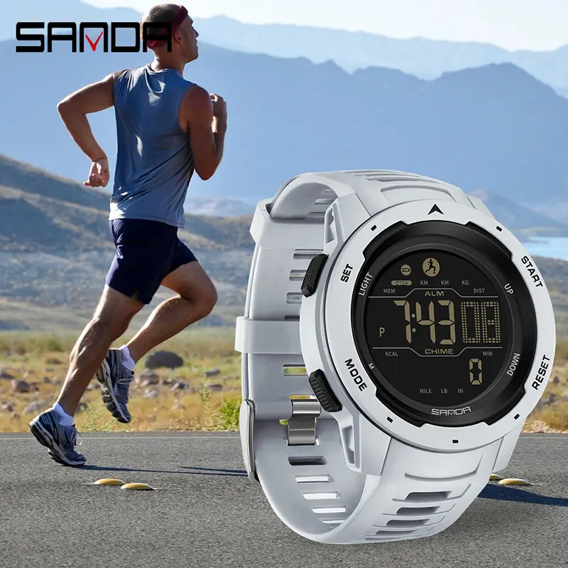 Jam Tangan Pria Digital Pedometer EL Backlight Sport Watch Shockproof Anti Air SANDA 2145 1