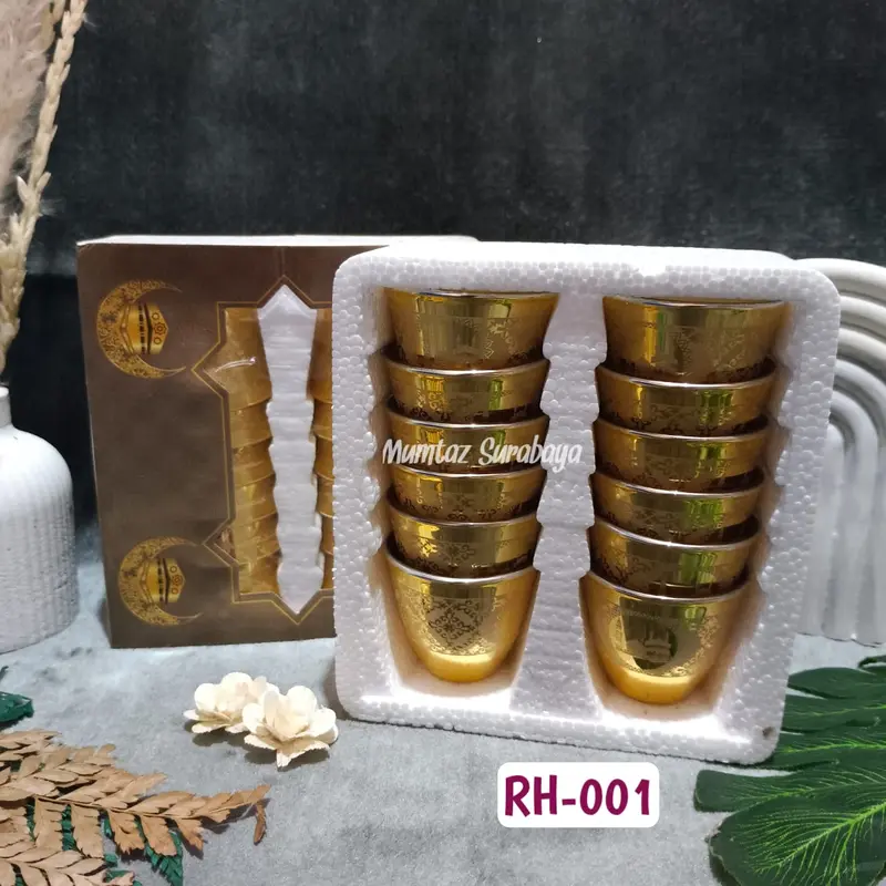 Gelas Air Zamzam GOLD Kaca Set 12 pcs Cucing Kabah Cucing Motif Gelas Cucing Air Zam Zam Gelas Gold Cucing Gold 2