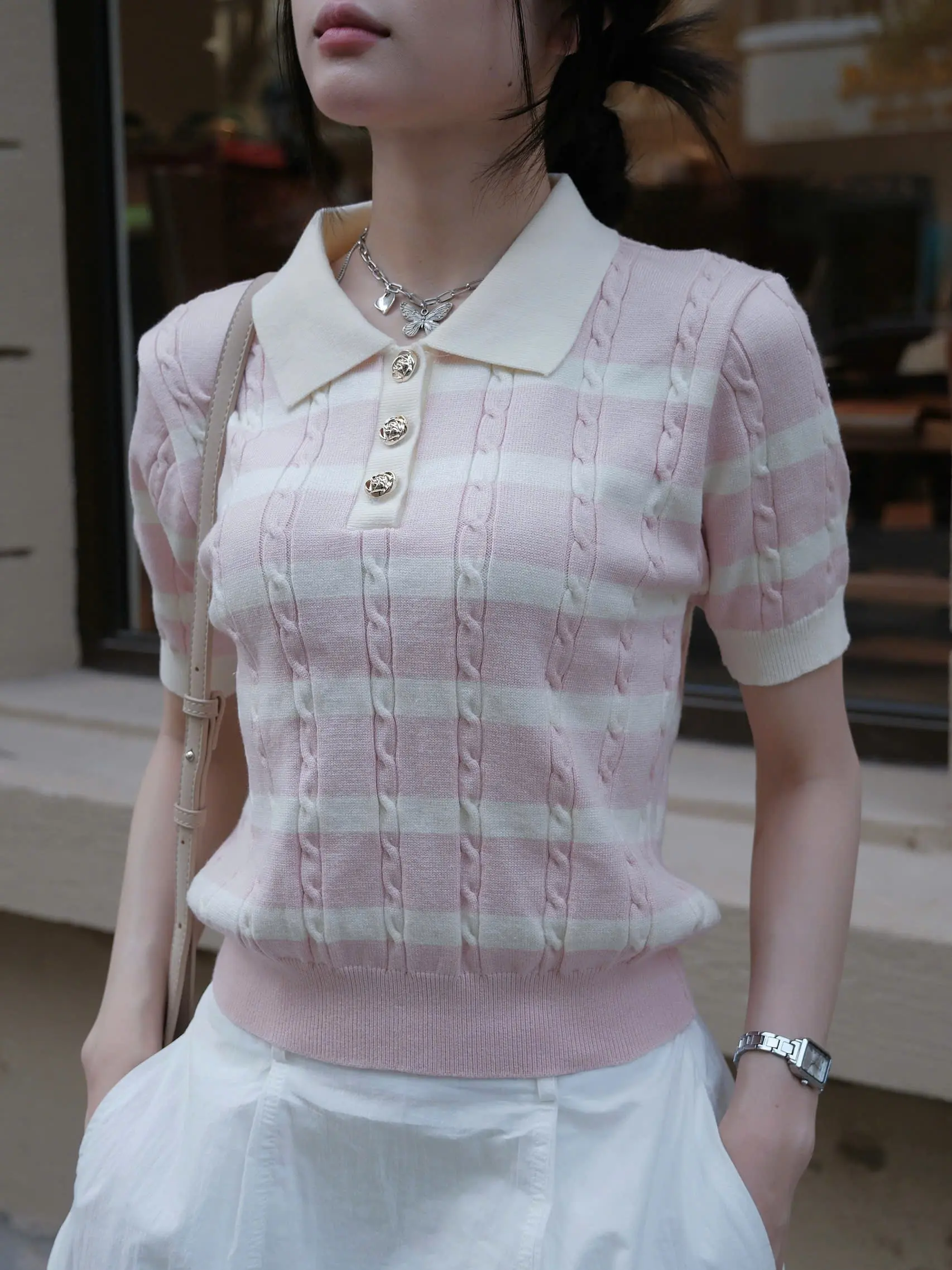 (Deal Mở Bán) BST Hè 2025 Áo Len Dệt Kim Hè 2 Màu Phối Cúc Vàng Đồng Bông Hoa, Kết Hợp Kẻ Ngang Phù Hợp Đi Làm,Đi Chơi,....  M09-TINOZA | BigBuy360 - bigbuy360.vn