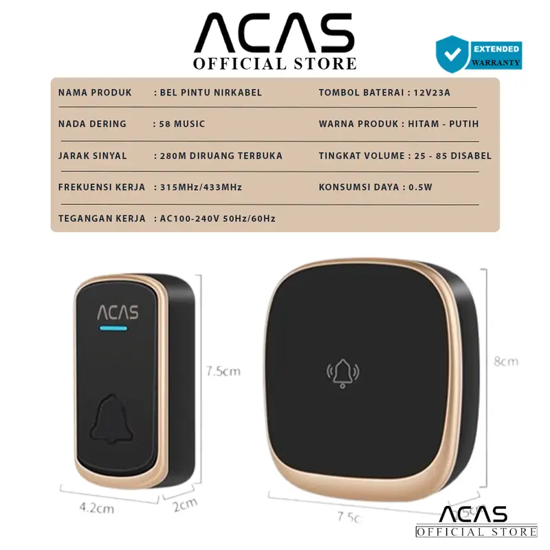 ACAS - B209 Doorbell 1 Receiver Bell Pintu Rumah Tahan Anti Air Tanpa Kabel Bel Kantor Door Bell Waterproof Wireless 1 Receiver 1