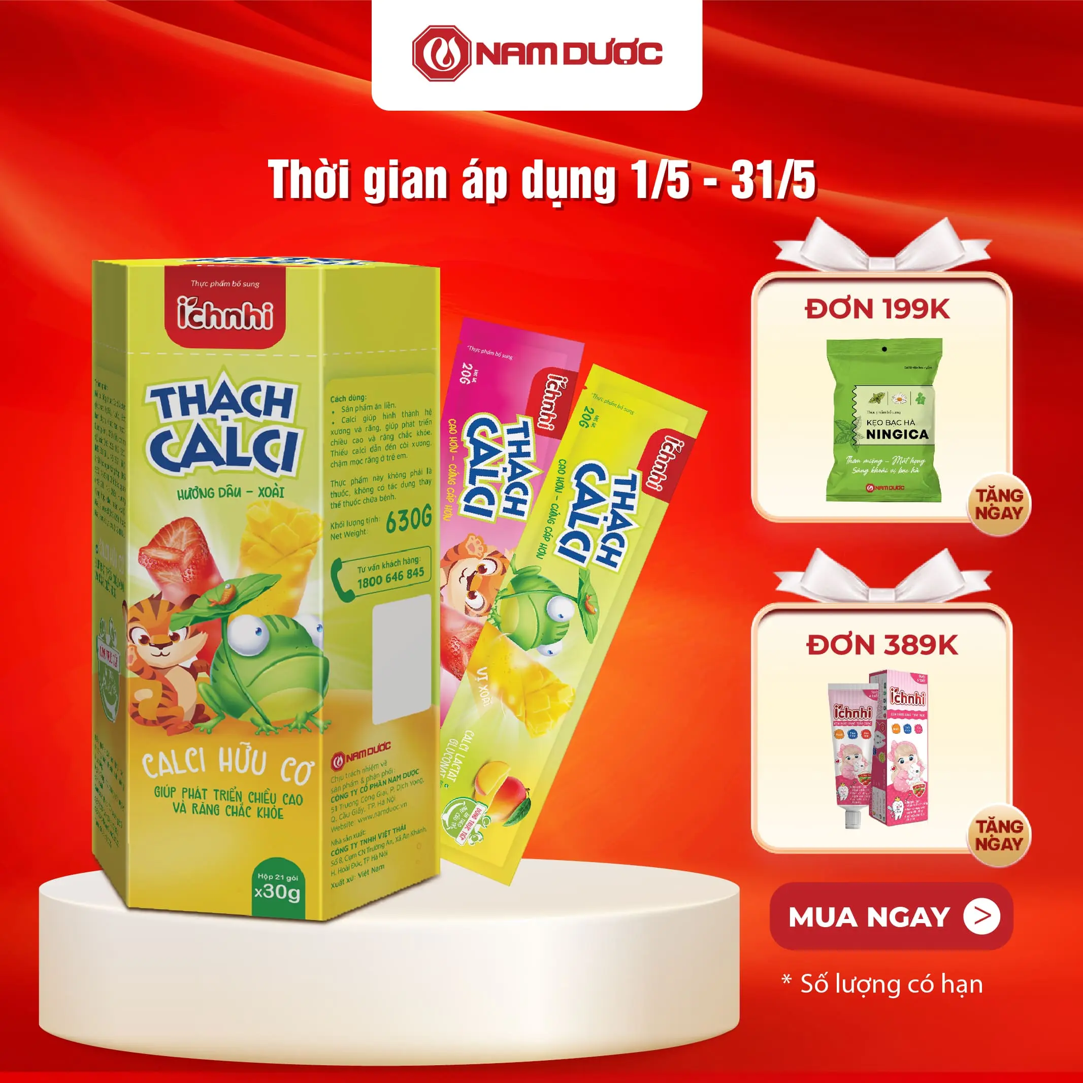 Thạch Calci Ích Nhi (hộp 21 túi x 30 gr) bổ sung thêm canxi vị ngọt thanh nhẹ với hương dâu, xoài cho bé