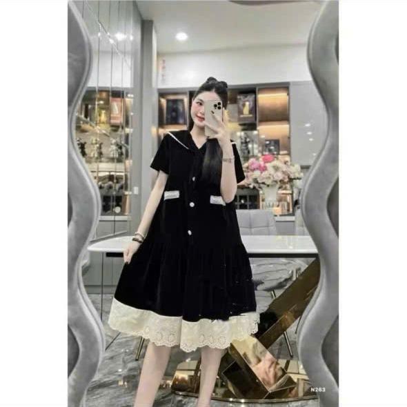 Có size 45-100kg Đầm bầu Váy Bầu Nhung cổ vạt dáng babydoll thiết kế phối ren cho mẹ diện đi làm dự tiệc đám cưới siêu xinh