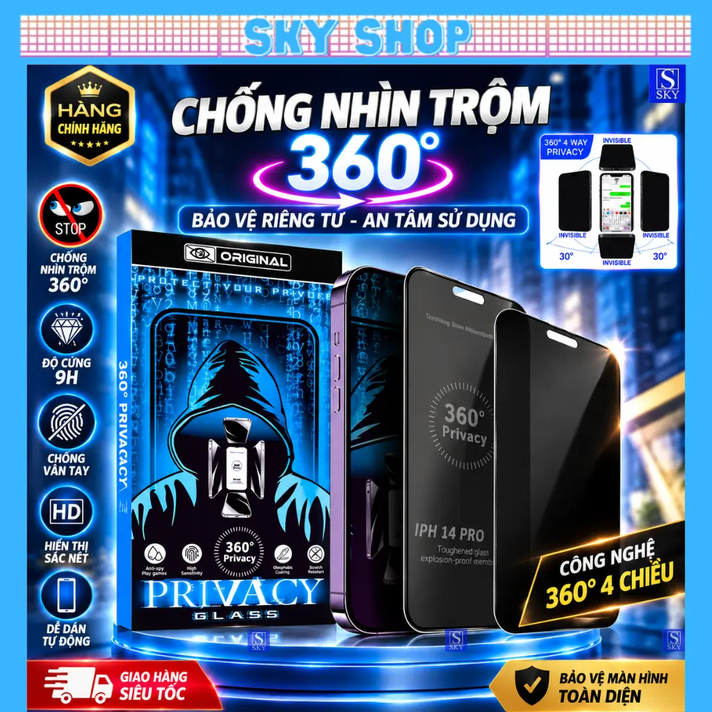 Kính cường lực iphone chống nhìn trộm 360 độ từ mọi góc cho ip 17 ProMax 16 ProMax 16 Plus 15 14 13 12 11 Pro Max Xs Xr XsMax