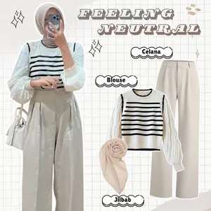 One Set Lucu Wanita ( Atasan Blouse Knit + Celana Loose Pants + Hijab Bella Square) | One Set OOTD Cewek Kece RO025 Setelan Muslim Panjang