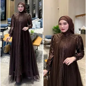 Leya Dress Baju Gamis Brokat Simple Elegant Silk Premium Kombinasi Brukat Mewah Dan Tille Busana Muslim Wanita Mahogany Viral Gamis Lebaran Pesta Kondangan Bridesmaid Gaun Wanita Remaja Maxi Dress Seragam Keluarga Ootd Hijab Kekinian Gamis Sarimbit