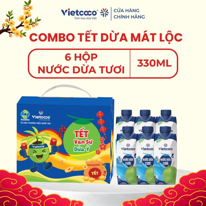   PHIÊN BẢN TẾT 2026 - TẾT DỪA MÁT LỘC 01  COMBO 6 HỘP Nước dừa tươi VIETCOCO - Hộp giấy 330ml X 6 