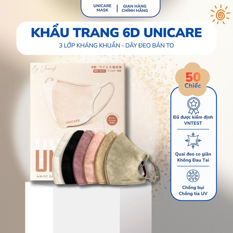 Hộp 50 Chiếc Khẩu Trang 6D UNICARE | Quai Đeo Thoải Mái Chống Bụi Chống Nước Chống Tia UV Hiệu Quả 3 Lớp Kháng Khuẩn Mix Màu Nam Nữ