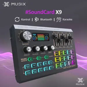 MUSIX X9 Professional Live SoundCard Live Mixer 48V Recording 4 DIY Efek Suara LCD Layar Display Mendukung 2 Phone Sinkron Livestream Untuk PC Laptop Mac Audio Kartu Suara Karaoke Microphone Sound card Kontrol Bluetooth Karaoke - Merah