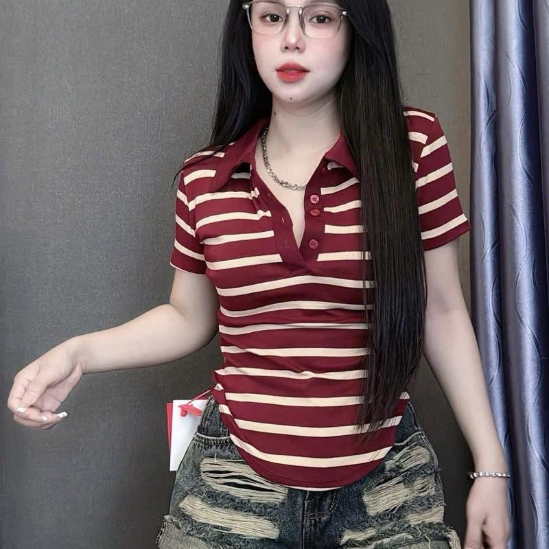 | A332| - áo thun nữ babytee from ôm body dươi 56kg Cổ Trụ sọc Vạt Bầu borrip co giãn Cổ Tròn Women Top Nhun aothun thaibd thông thường áo vàng cổ thuyền áo polo