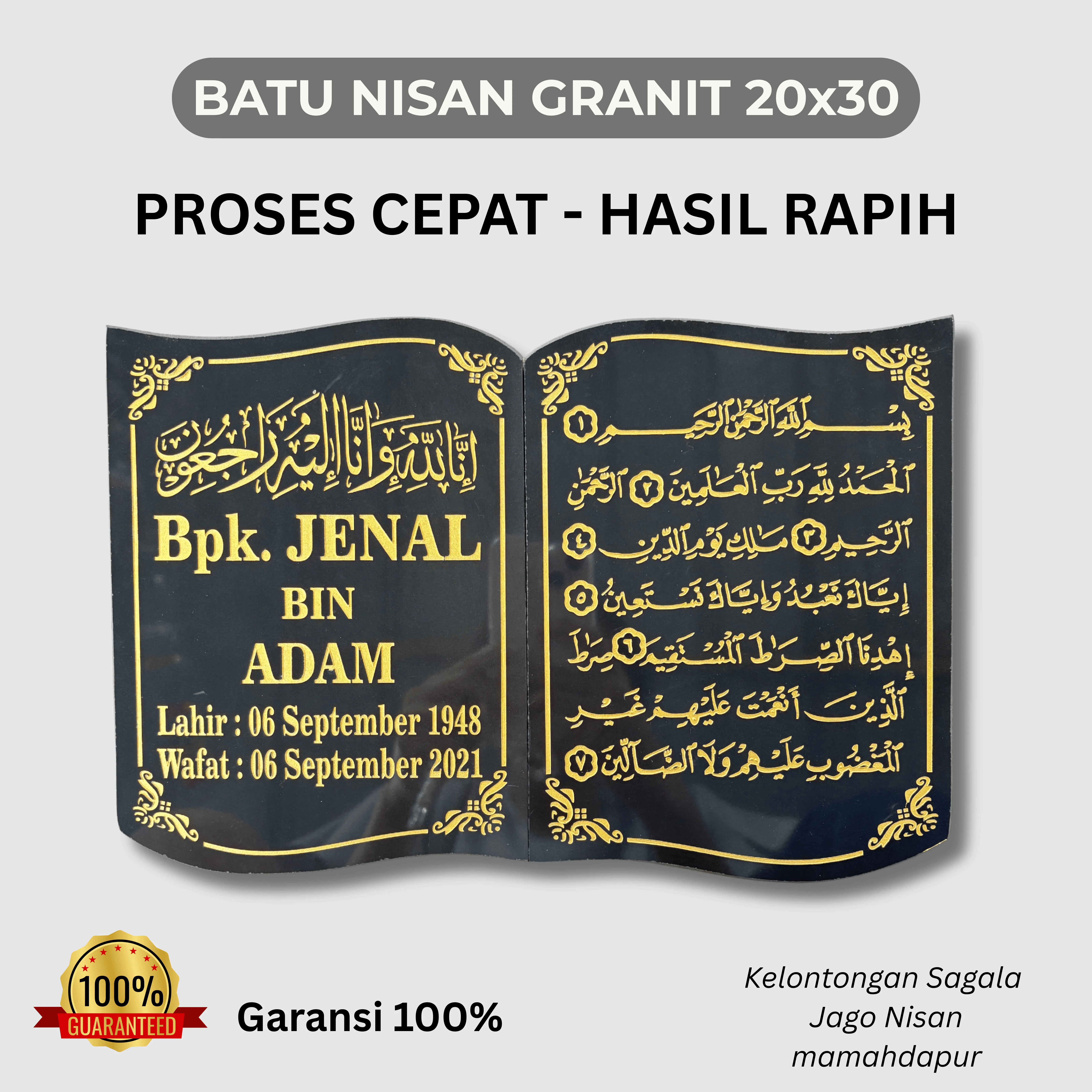 Batu Nisan Lempengan Nama | Batu Nisan GRANIT Ukuran 20x30 Model Buku Custom Nama