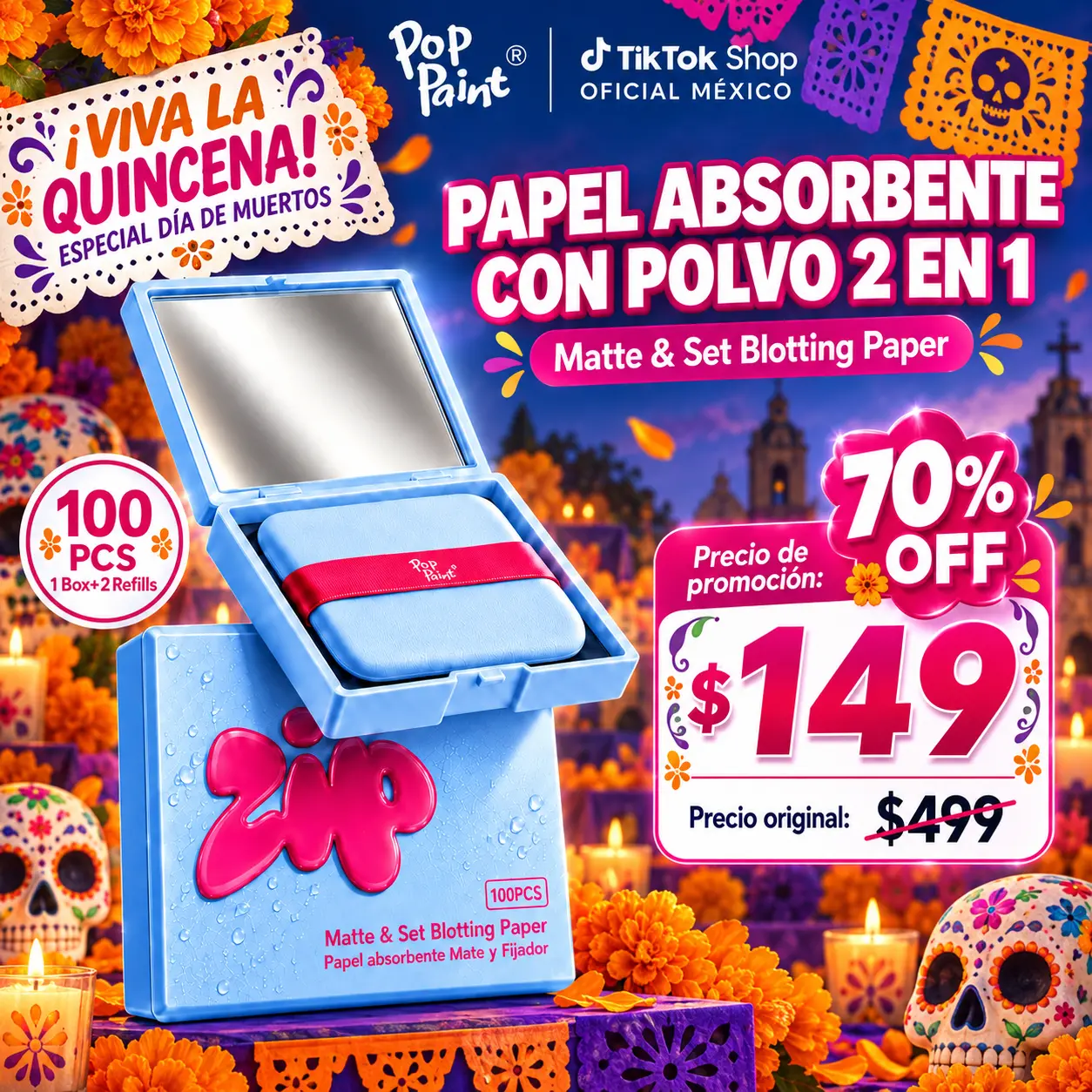 POP PAINT Papel Arroz con Polvo Matificante para Control de Grasa Facial Efecto Fresco 2 EN 1 con Espejo