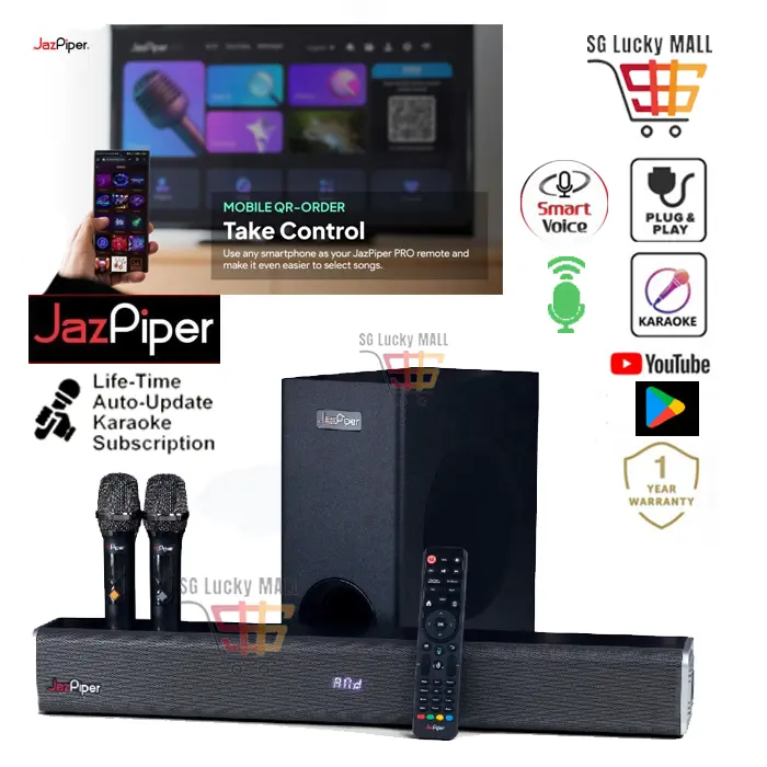 JazzPiper PRO V4 Karaoke Soundbar with Wireless Subwoofer and Voice Commands with 2MIcs Audio Speakers