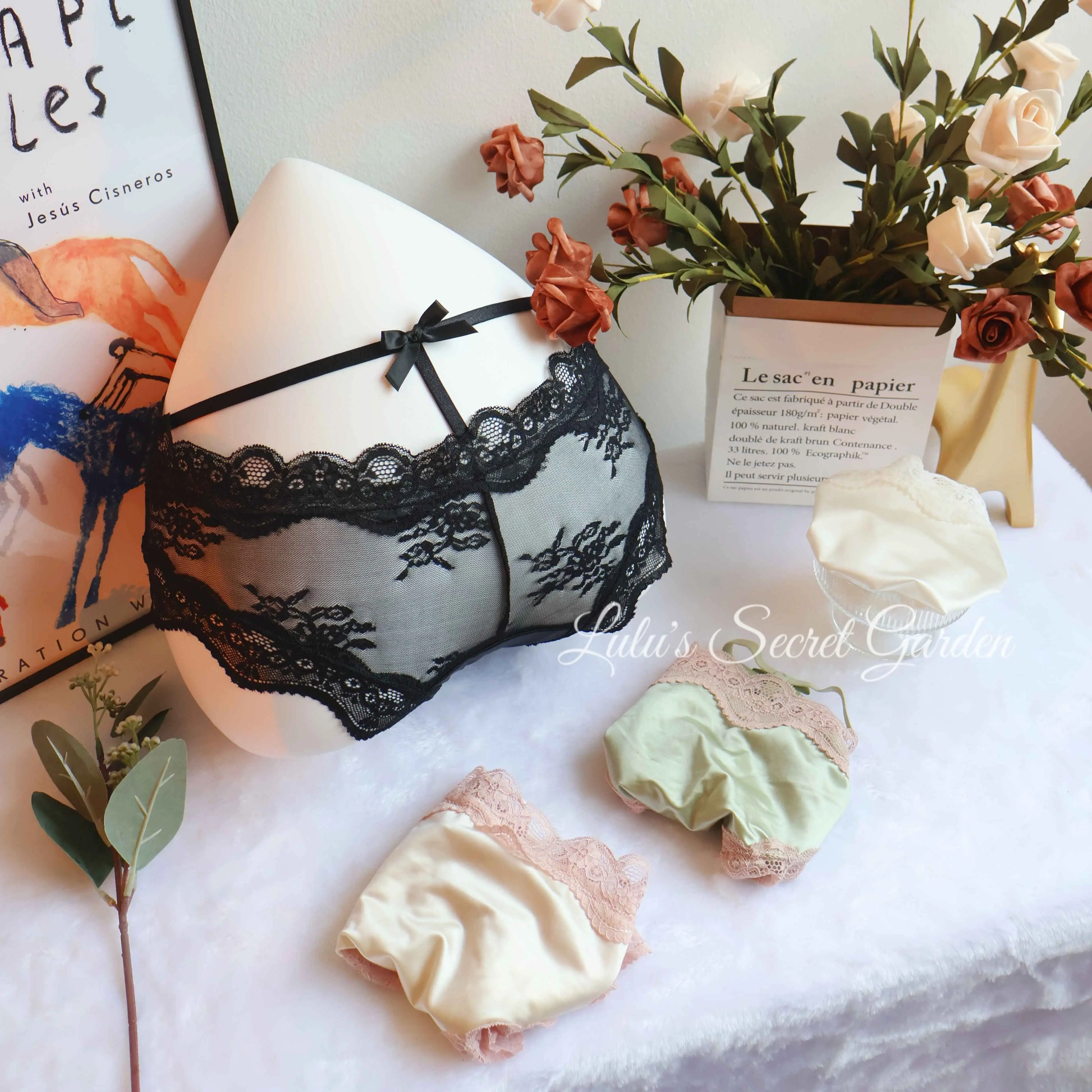 LULU 105-Seductive Peach Satin Lace Panties, Low-Waist, Alluring Hollow Out, Breathable Cotton Briefs