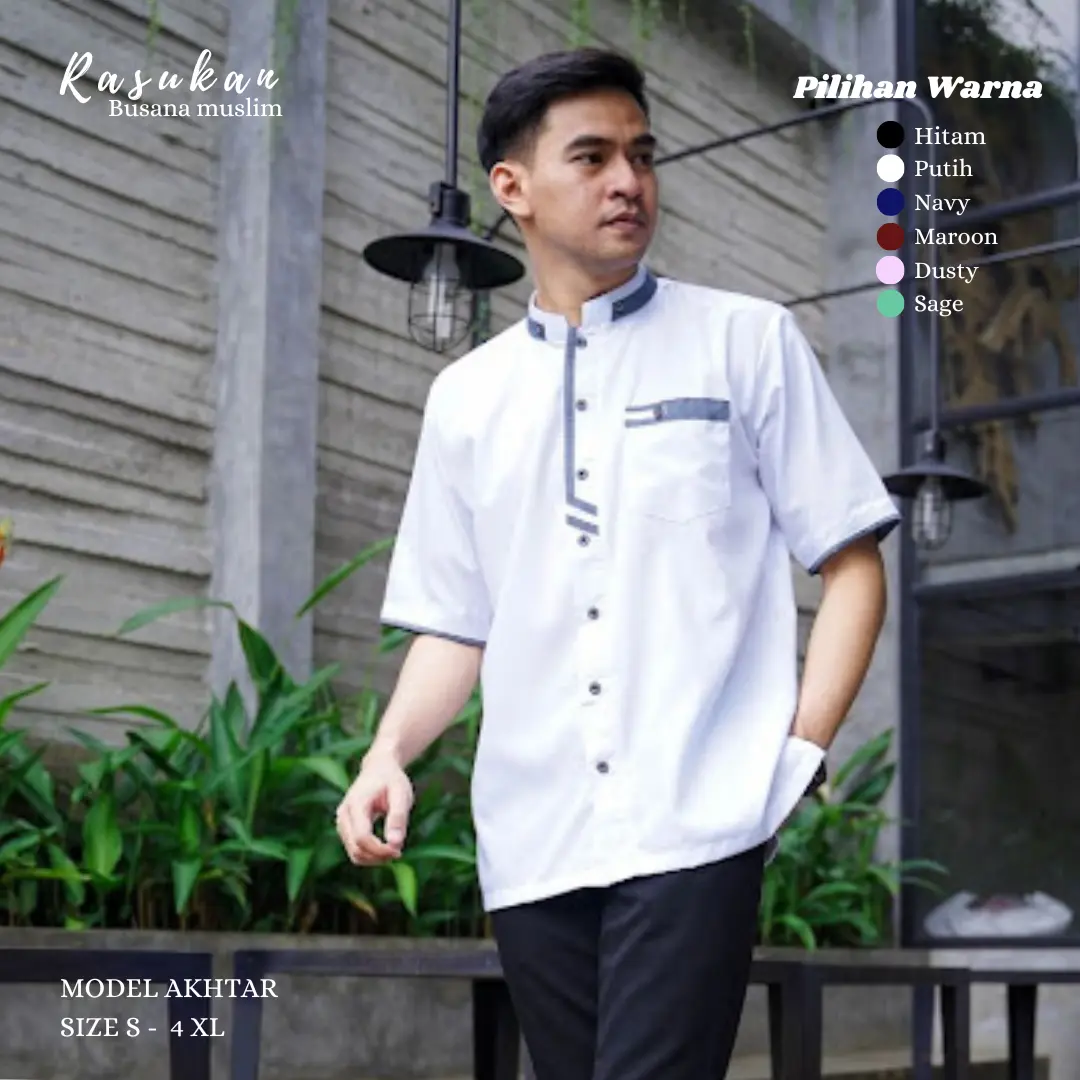 Baju Koko Pria Dewasa Model Kekininan terbaru akhtar Couple Atasan Keren Kancing Katun Kerah Muslim Panjang Pendek