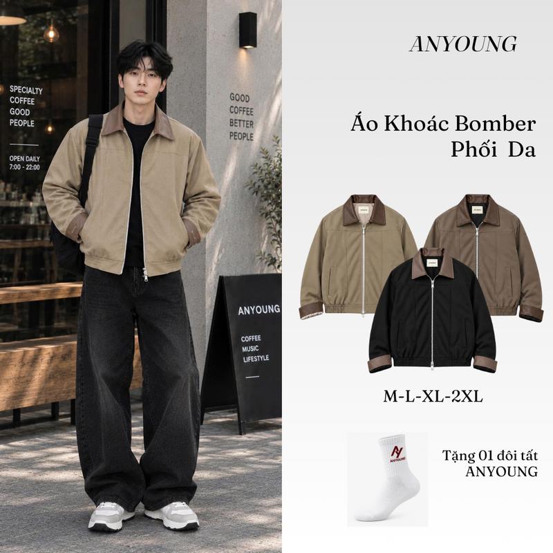 Áo Bomber Anyoung Chất Kaki Hàn Phối Cổ Da Lót Lụa Cao Cấp, Áo Khoác Kaki Phong Cách Hàn Quốc Form Bomber AK951
