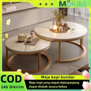 Mokiki Meja Kopi Fleksibel Set Marmer Bersarang Gaya Nordik Serbaguna untuk Ruang Tamu Kamar Tidur Meja Besi Putih Permukaan Marmer Modern dan Elegan