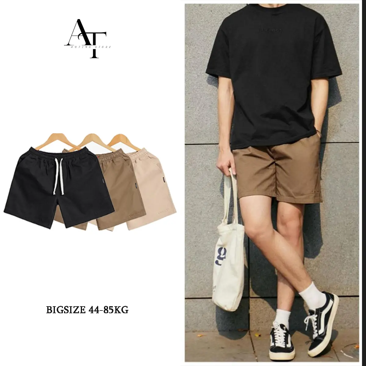 Quần Short Kaki Nam AT1988 STORE Form Đùi Cộc Cạp Chun Vải Kaki Gió Mềm Tạo Cảm Giác Thoải Mái - QS1 Menswear Có Túi Đen