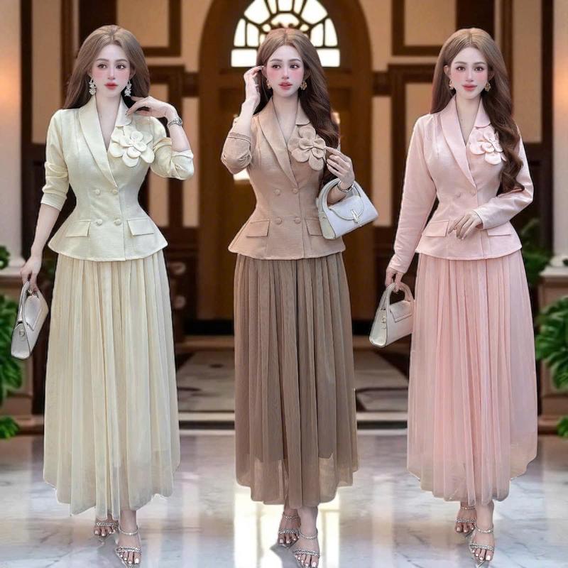 CRAZYTEEN Set áo váy S6281 gồm áo kiểu vest tay dài và chân váy suông xòe để đi chơi Áo vest Chân váy Set đồ sang chảnh màu be