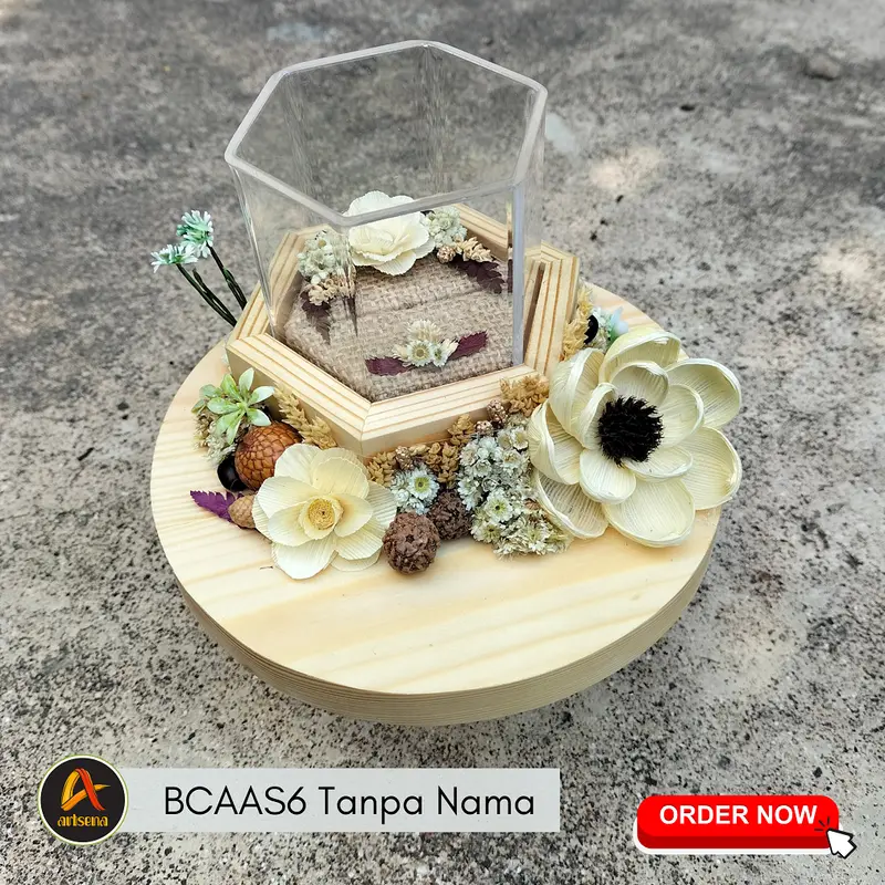 Kotak Cincin Mini Pernikahan Model Segi-6 Desain Rustic Custom Nama Mempelai dan Tanggal 1