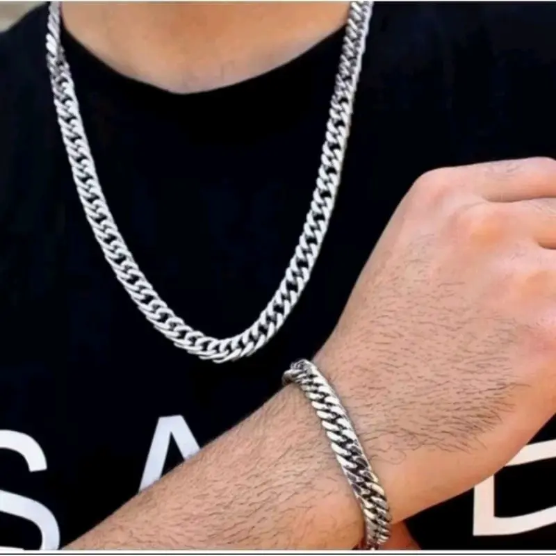 SATU SET KALUNG DAN GELANG TITANIUM MODEL RANTAI RAPAT SILVER PRIA Aksesoris