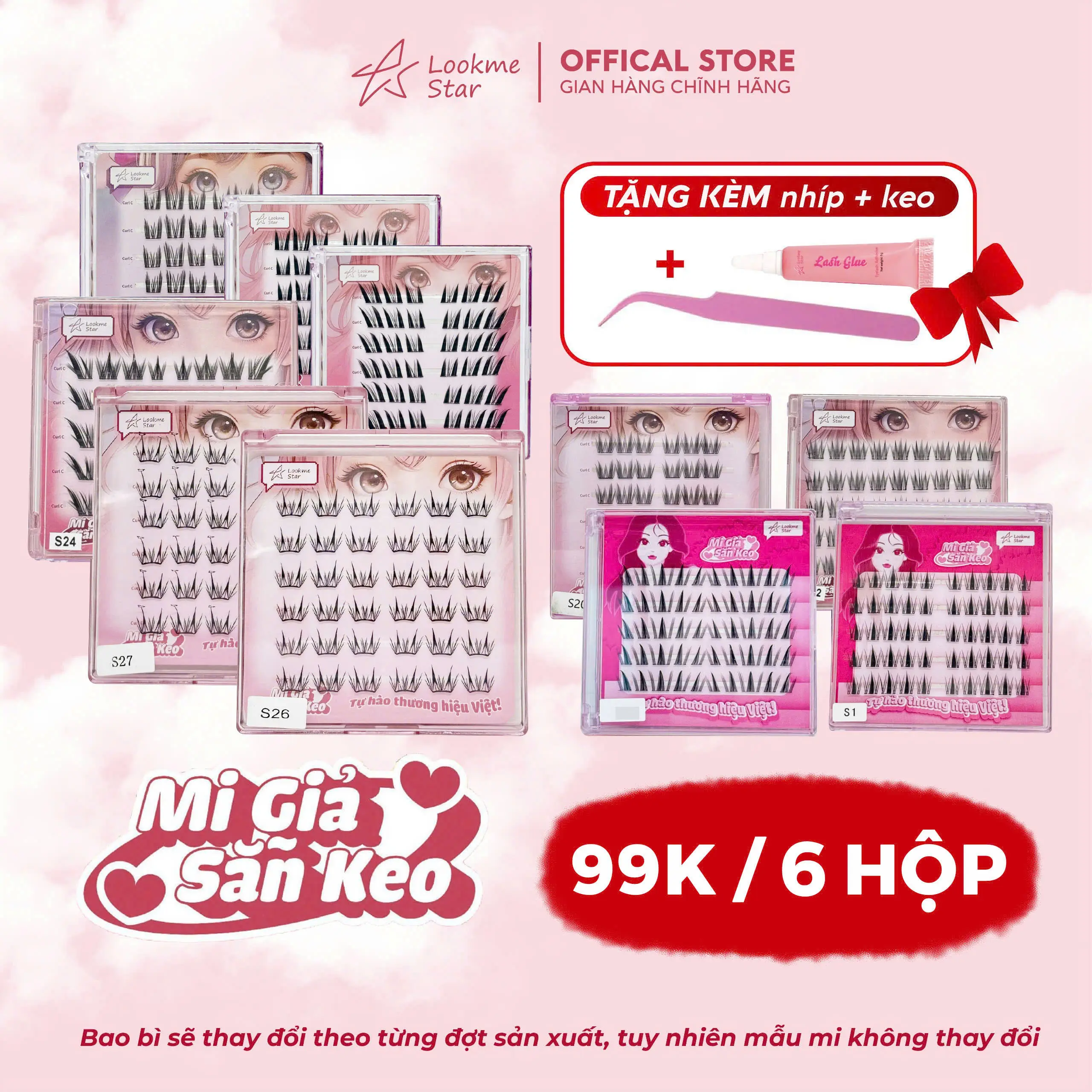 (100k/6 hộp)-Lông Mi Giả Sẵn Keo Lookme Star- tặng nhíp + keo  - Mi Cong C, Sợi Mi Mảnh Có Thể Tái Sử Dụng, hàng Việt Nam Trang Điểm