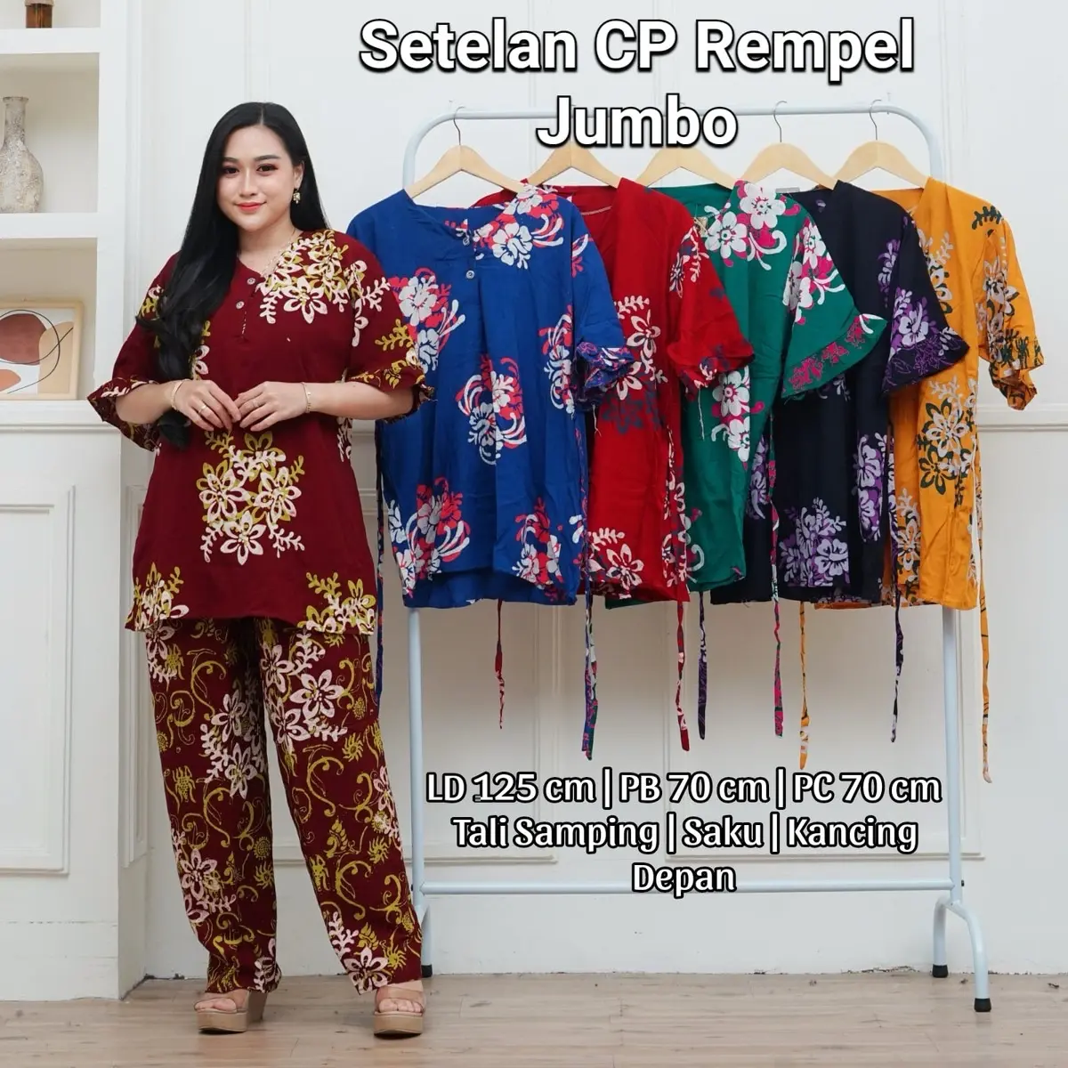 [Luthfi] Setelan CP Rempel Jumbo - Tali Samping & Saku Depan, Wanita Dewasa Panjang - Celana, Busui, Motif, Rayon, Baju, Katun, Atasan