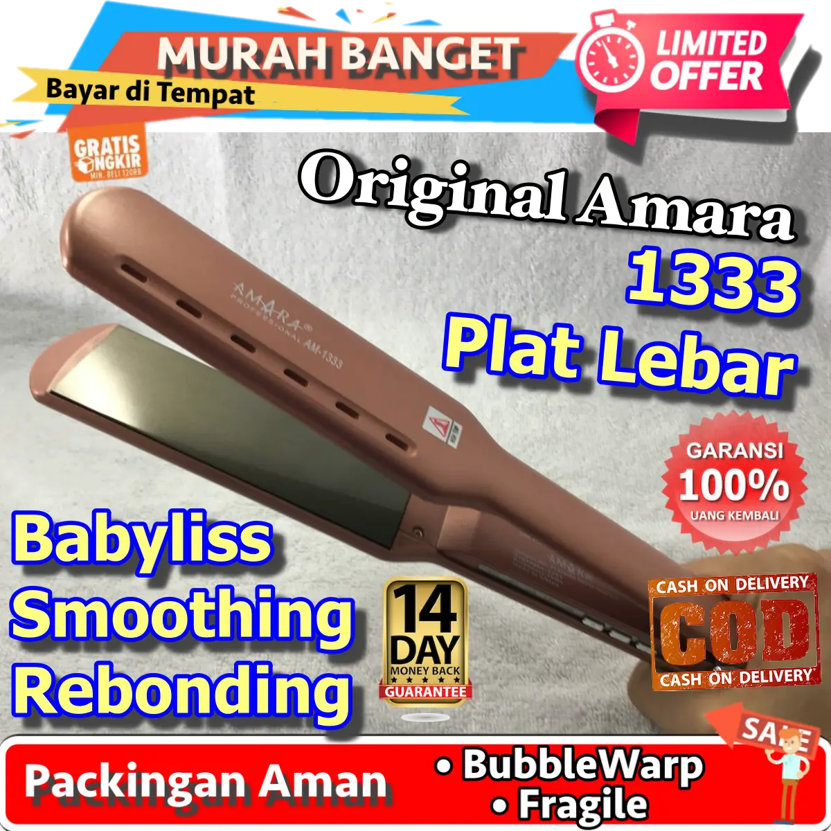 Catok Amara 1333 Original Plat Lurus Lebar Keramik Catokan Rambut Hair Straigthener Ionic BabyLiss Smoothing Rebonding Professional Model Terbaru Cepat Panas Garansi Resmi 6 Bulan Beauty Tools Bubble Luar Dalam