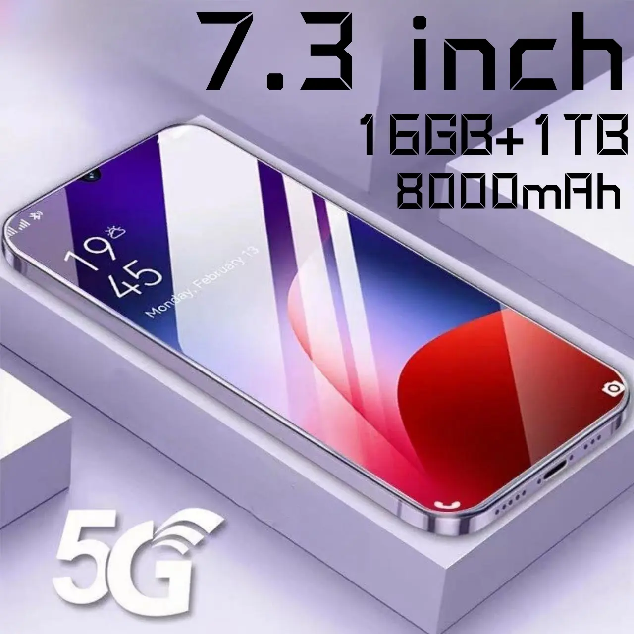 5G mobile phone 7.3 inches  Android system 13.0.  108MP high-definitionpixel camera 8000mAh largecapacitybattery. Dual SlM card dualstandby. Device Recorder WIIF6  USB-c