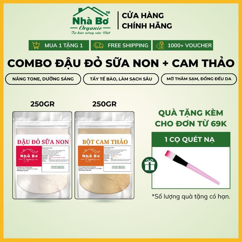 Combo 2 gói (500g/1Kg) Bột Đậu Đỏ Sữa Non + Bột Cam Thảo | Nhà Bơ Organic - Dưỡng Trắng và Tẩy Tế Bào Da Mặt và Body