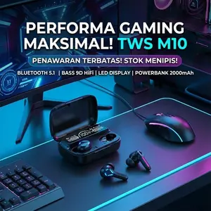 TWS M10 Bluetooth 5.1 Earbuds Gaming – LED Display, Bass 9D HiFi, Powerbank 2000mAh