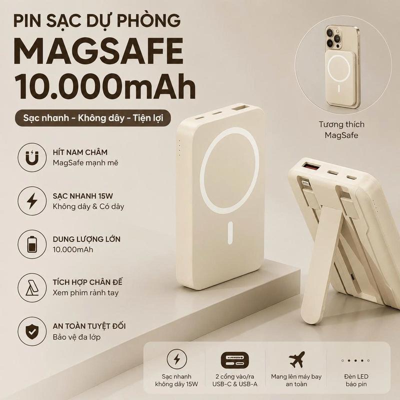 Pin Sạc dự phòng không dây Magsafe 10.000mAh Hít lưng từ iphone 12 trở lên, tương thích với điện thoại IPHONE có chức năng sạc không dây