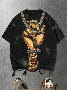 Camiseta de hombre de manga corta con agujero roto y cruz de Jesús, corte holgado; camiseta con estampa de cadena para creyentes, estilo unisex; estilo callejero europeo y americano con diseño geométrico, estilo retro americano de manga corta para hombre.