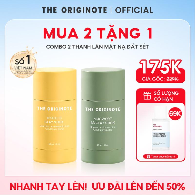 【Đặt mua [MỚI] Combo 2 Thanh lăn mặt nạ đất sét Hyalu-C và Mugwort The Originote làm săn chắc dan lột mụn đầu đen Trắng da