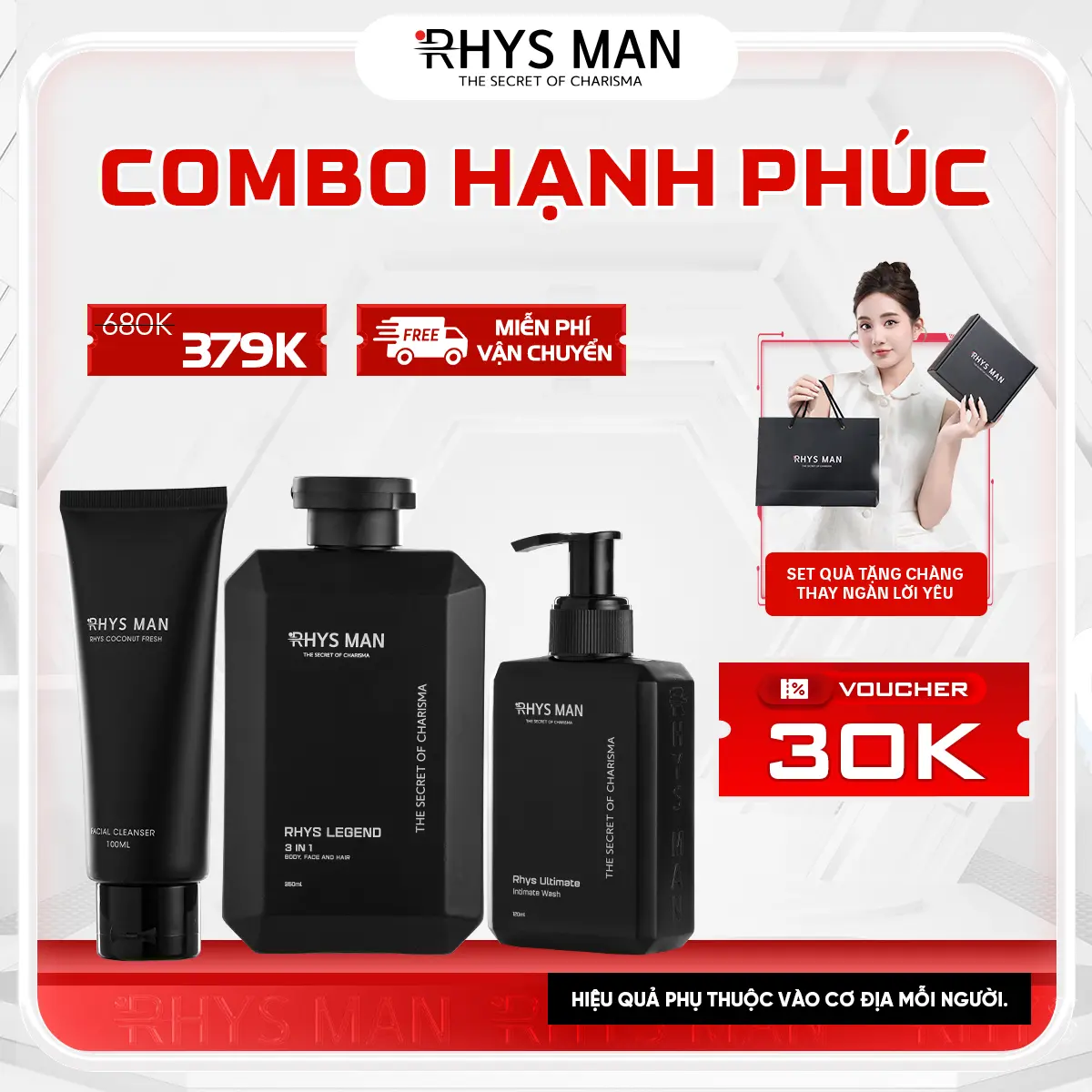 Combo Hạnh Phúc dành cho nam RHYS MAN (gồm: Sữa tắm nam 350 ml & Sữa rửa mặt nam 100ml & Gel vệ sinh nam 120ml) - Tặng 1  set Hộp & Túi