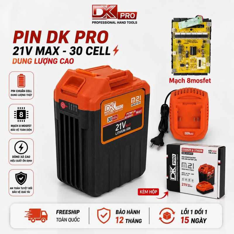 Bộ Pin kèm Sạc DKPRO 30Cell 8 Mosfet - Chân Pin Phổ Thông M21, Chống ngắt tải