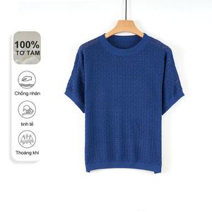 Áo Thun Nữ MuMeng [100% Lụa Tơ Tằm] Dệt Kim Lưới Sọc Thoáng Khí Áo Hè Chống Nhăn Tinh Tế 5595