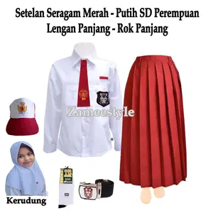 Paket Lengkap Setelan Seragam Anak Sekolah Merah Putih Perempuan Baju Panjang dan Rok Panjang Kelas 1-6 SD