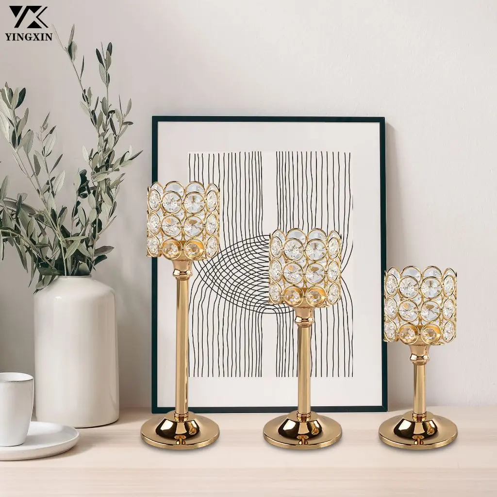 Wedding Table Tetmpat Lilin Kristal Emas Nordic Tempat Lilin Ornamen Cahaya Emas Mewah Kristal Tempat Lilin Emas Rumah Ruang