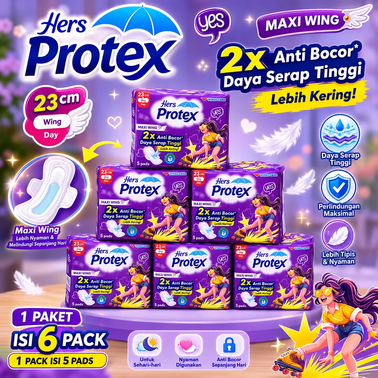 Hers Protex Ungu isi 6 pack Pembalut Wing Feminine 30 pcs