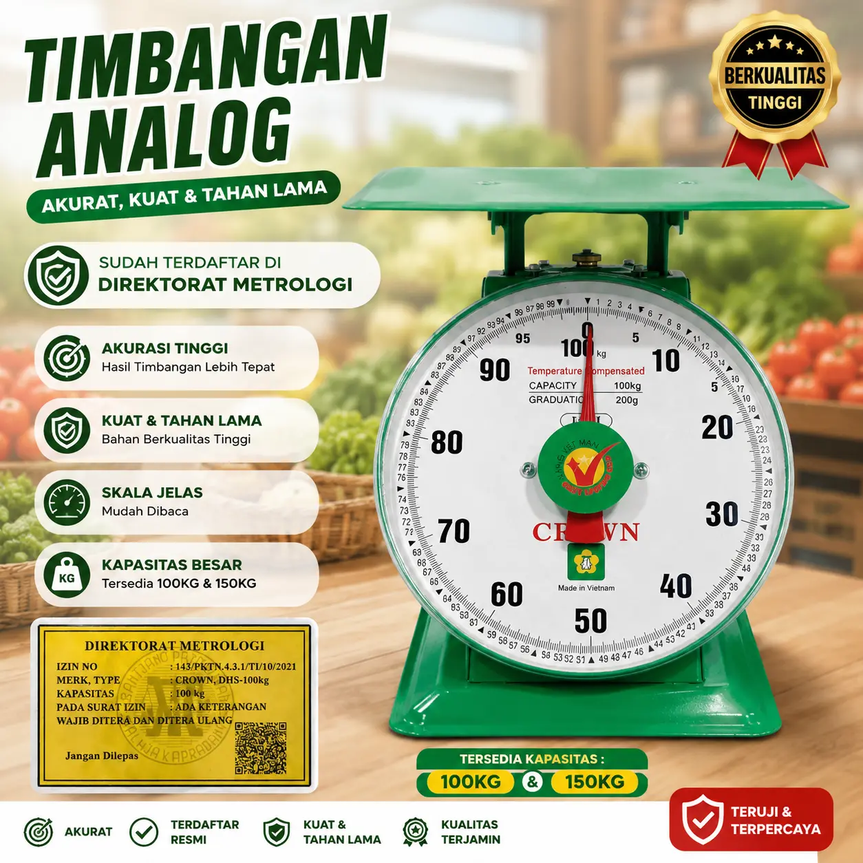 CROWN Timbangan Duduk Manual Jarum Analog 150KG 100KG Akurat Kuat Tahan Lama untuk Pengukuran Berat Sehari-hari - Kitchenware, Talenan