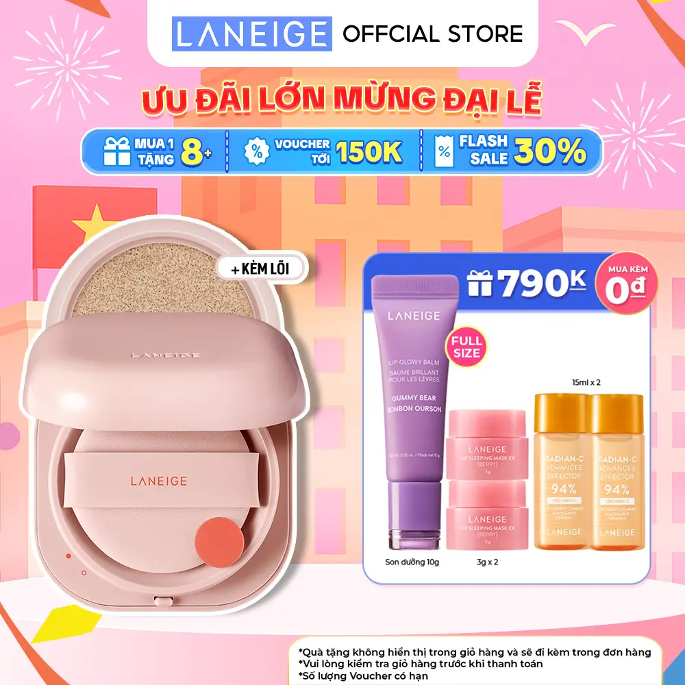 Phấn nước che khuyết điểm mỏng nhẹ lâu trôi LANEIGE NEO Cushion Glow 15gx2 kèm lõi thay thế Mỹ Phẩm Cosmetic Women Trang Điểm