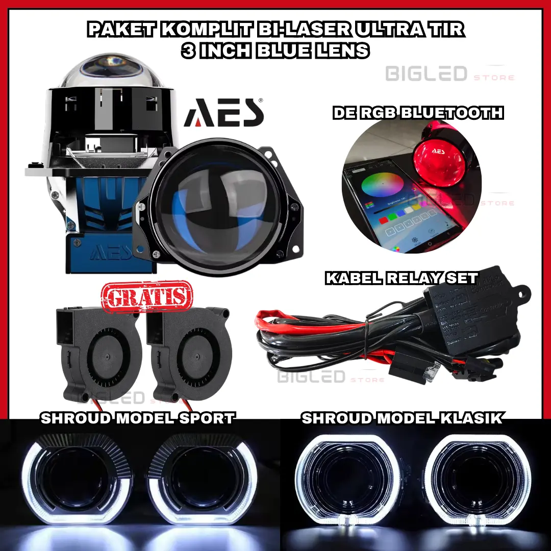 PAKET Bi-laser Biled Projector AES Turbo SE Ultra Cooler 3 Inch Bilaser 75 Watt NEW LENGKAP